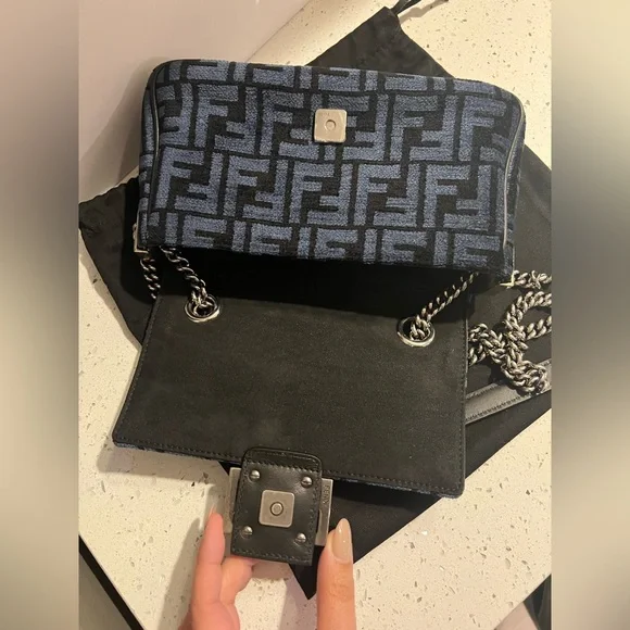 NEW Fendi Baguette Chain Midi Dark blue black FF tapestry bag silver hardware - Picture 7 of 15